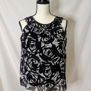 Calvin Klein Beaded Black and White Sleeveless Blouse  - L